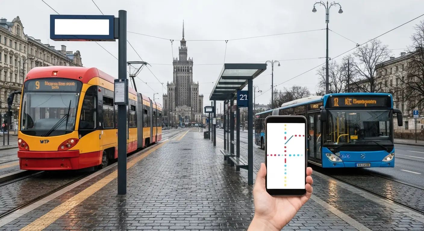 Warszawski przystanek komunikacji miejskiej z tramwajem i autobusem, w tle sylwetka Palacu Kultury, smartfon z planowaną