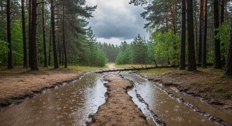 Blotnisty lesny szlak w Puszczy Kampinoskiej podczas deszczu, ciemne burzowe chmury nad sosnami i brzozami
