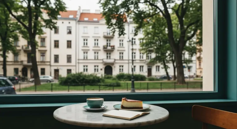 Przytulny stolik przy oknie w kawiarni na Starym Mokotowie z kawą i sernikiem, w tle zielona uliczka z kamienicami