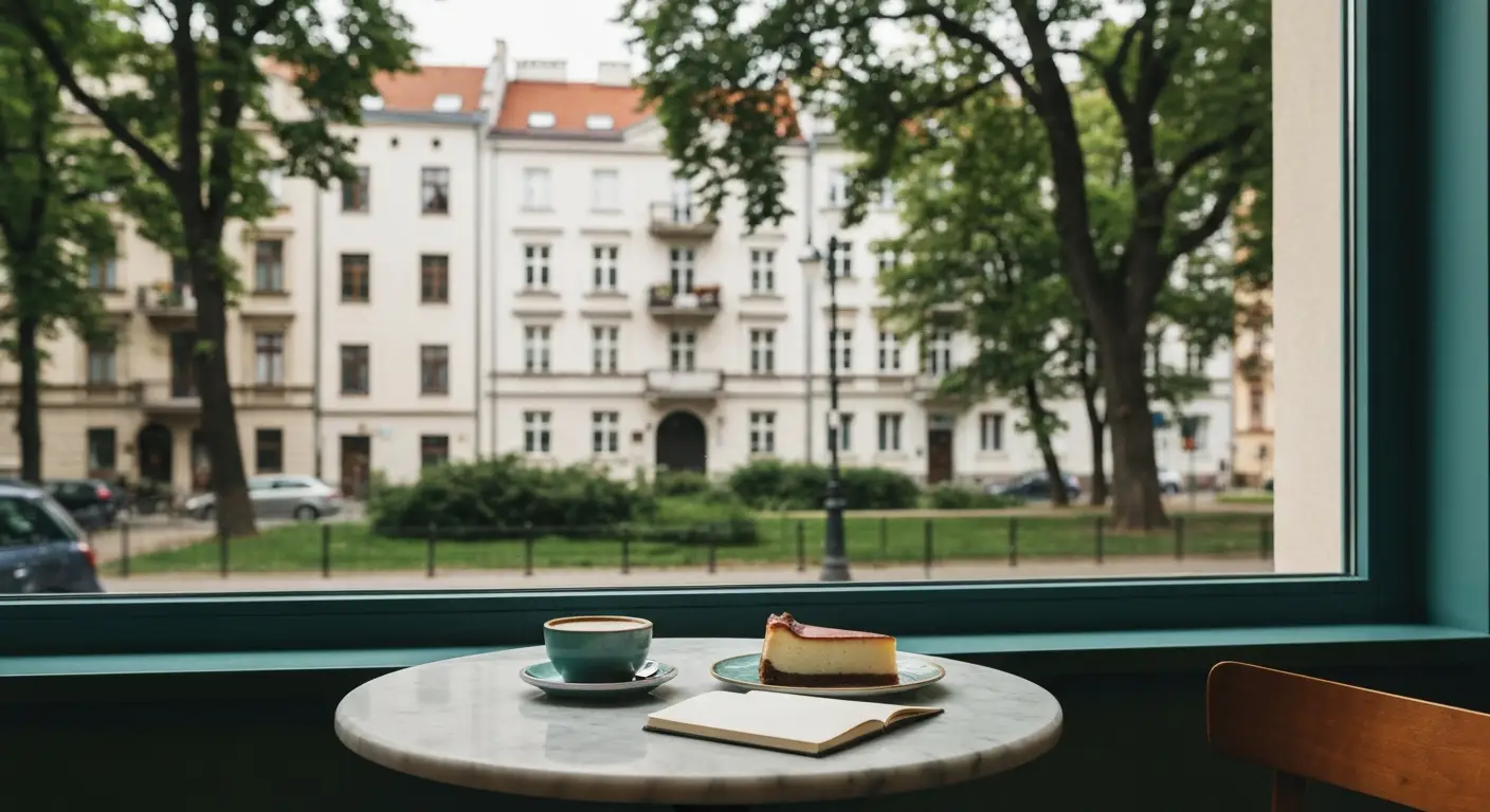 Przytulny stolik przy oknie w kawiarni na Starym Mokotowie z kawą i sernikiem, w tle zielona uliczka z kamienicami