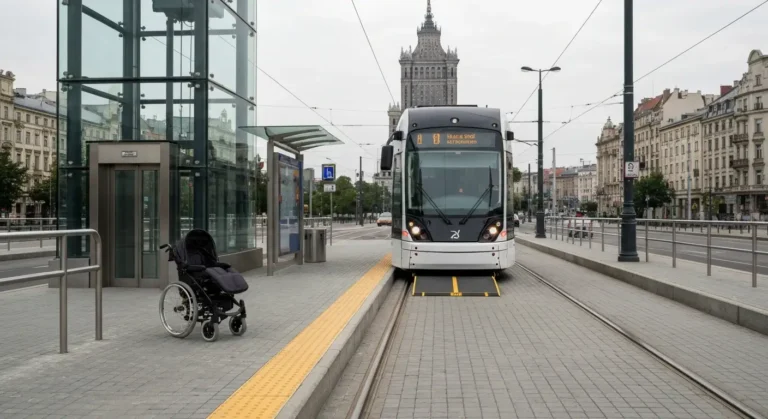 Niskopodlogowy tramwaj w Warszawie z rozlozona rampa przy dostepnym przystanku, obok wozek dzieciecy i wozek inwalidzki,