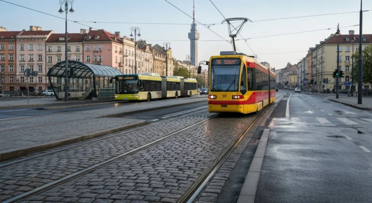 Warszawski tramwaj na torach szerokiej alei, w tle autobus miejski, wejscie do metra i kamienice srodmiescia w naturalny