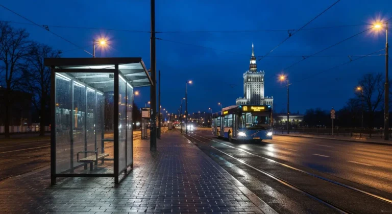 Nocny przystanek autobusowy w Srodmiesciu Warszawy, oswietlona wiata i miejski autobus na mokrej jezdni, w tle Palac Kul