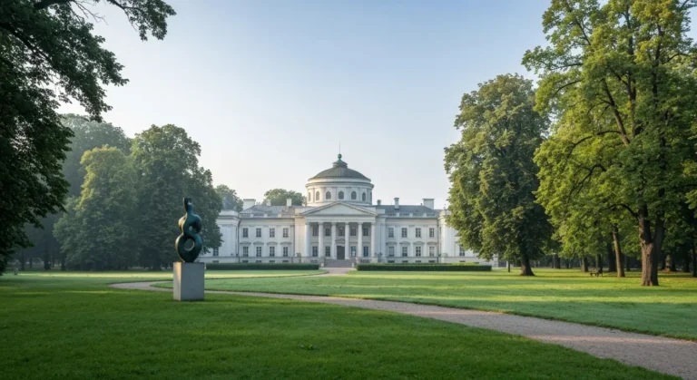 Klasycystyczny palac Krolikarnia na Mokotowie widziany przez zielony park z rzezba plenerowa na trawniku
