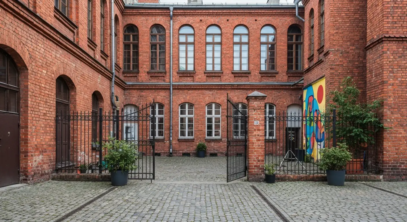 Ceglane podworko praskiej kamienicy w Warszawie zaadaptowane na teatr i galerie, z lampami scenicznymi i fragmentem mura