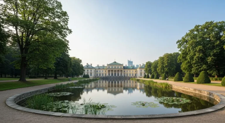 Klasycystyczny palac nad stawem w zabytkowym parku w Warszawie o poranku