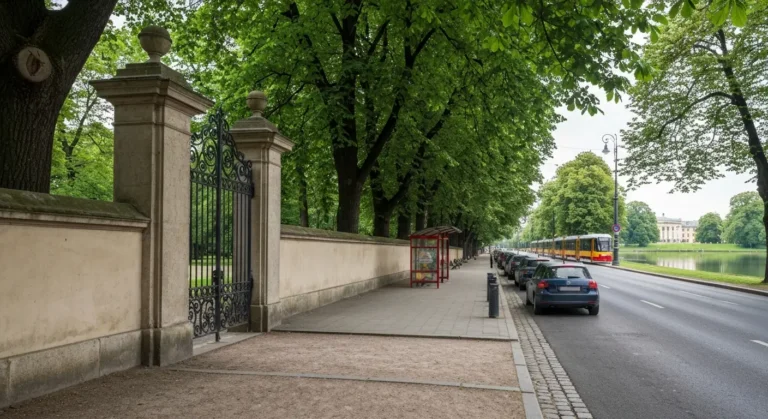 Brama zabytkowego parku w Warszawie przy alei z drzewami, zaparkowane samochody i przystanek komunikacji miejskiej w tle