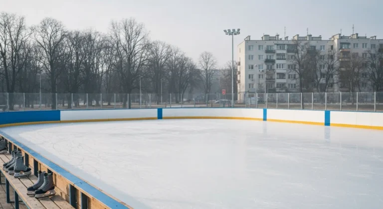Plenerowe lodowisko w Warszawie zimą - gładka tafla lodu z bandami i ławka z wypożyczonymi łyżwami w tle miejskiej zabud
