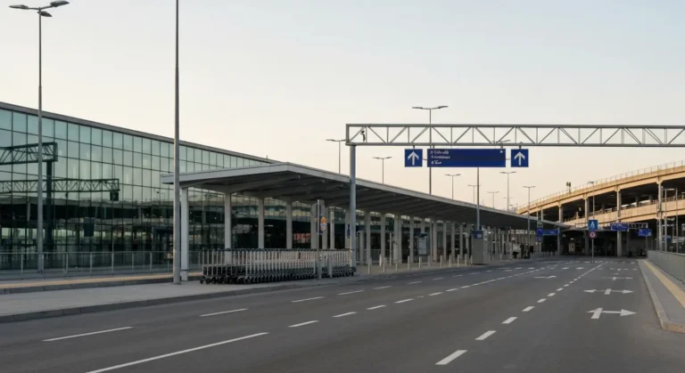 Nowoczesny terminal Lotniska Chopina na Okeciu w Warszawie - przeszklona fasada, strefa odbioru pasazerow z wozkami baga