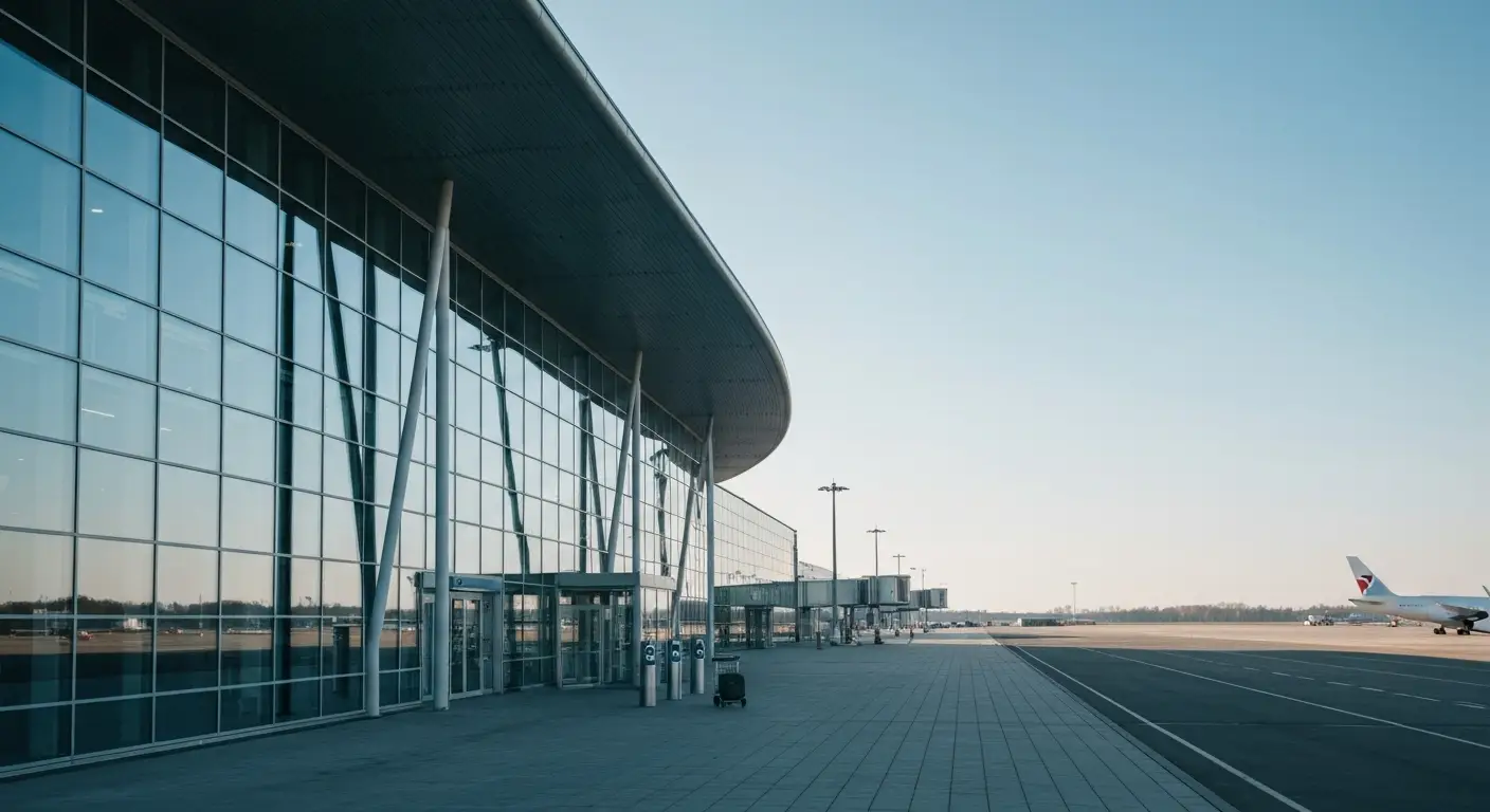 Nowoczesny terminal Lotniska Chopina w Warszawie o poranku, szklana fasada, pusty hol odpraw i wozek bagazowy, w tle sam