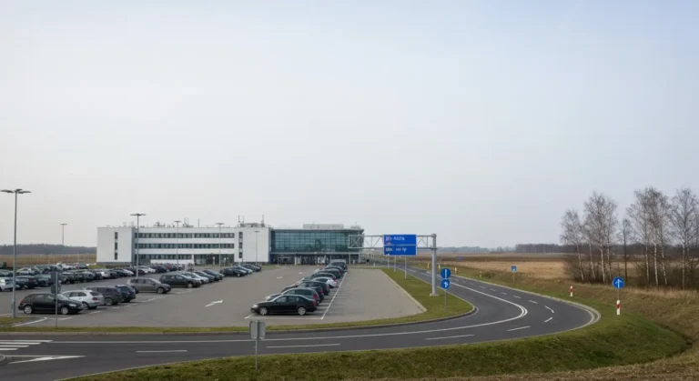 Nowoczesny terminal regionalnego lotniska pod Nowym Dworem Mazowieckim z parkingiem pelnym aut i podjazdem dla pasazerow