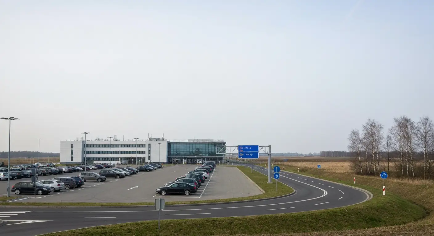 Nowoczesny terminal regionalnego lotniska pod Nowym Dworem Mazowieckim z parkingiem pelnym aut i podjazdem dla pasazerow