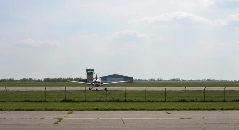 Mały samolot lotnictwa ogólnego na trawiastym pasie lotniska Warszawa-Babice na Bemowie, za ogrodzeniem wieża i hangar