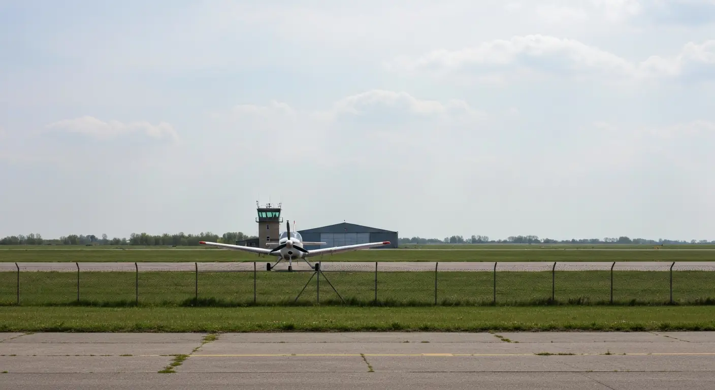 Mały samolot lotnictwa ogólnego na trawiastym pasie lotniska Warszawa-Babice na Bemowie, za ogrodzeniem wieża i hangar
