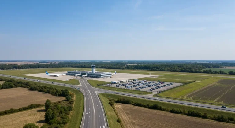 Widok z lotu ptaka na regionalny terminal lotniska w Radomiu z wieżą kontroli, parkingiem i drogą dojazdową przez mazowi