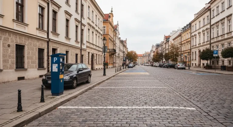 Zaparkowany samochod przy krawezniku w strefie platnego parkowania w centrum Warszawy, obok parkometr i kamienice