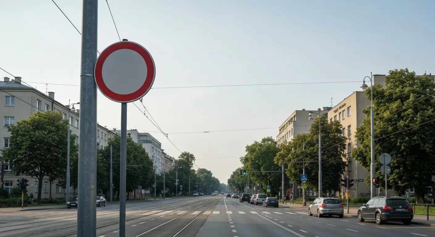 Wjazd na warszawska ulice w Srodmiesciu z okraglym znakiem zakazu przy granicy strefy czystego transportu, kamienice i t