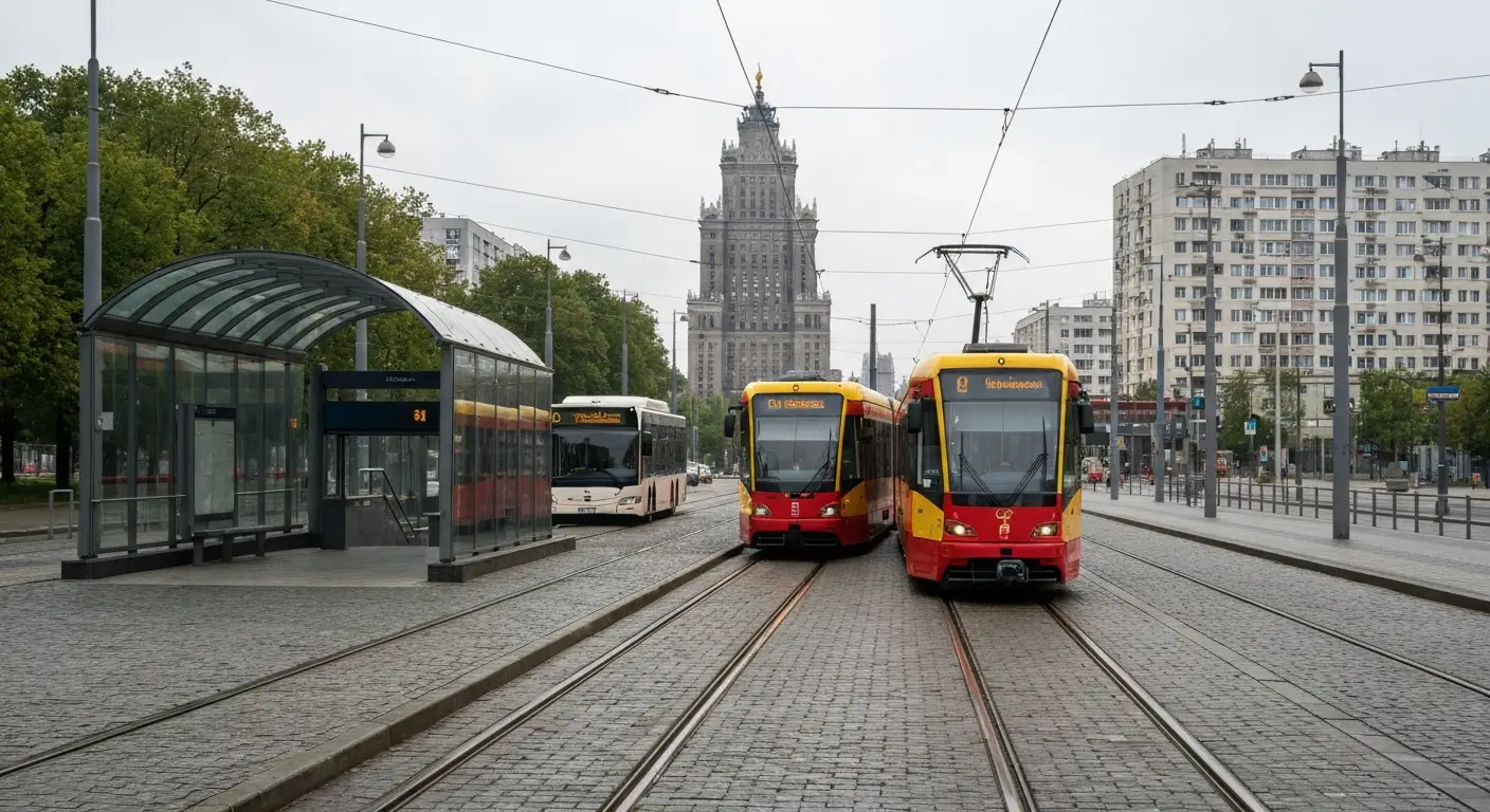 Warszawski tramwaj i autobus przy przystanku z sylwetka Palacu Kultury w tle - komunikacja miejska Warszawy