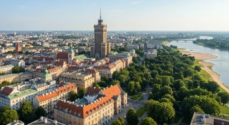Panorama centralnej Warszawy z lotu ptaka - dachy Starego Miasta, wysoka wieza w centrum, zielony park i zakole Wisly w