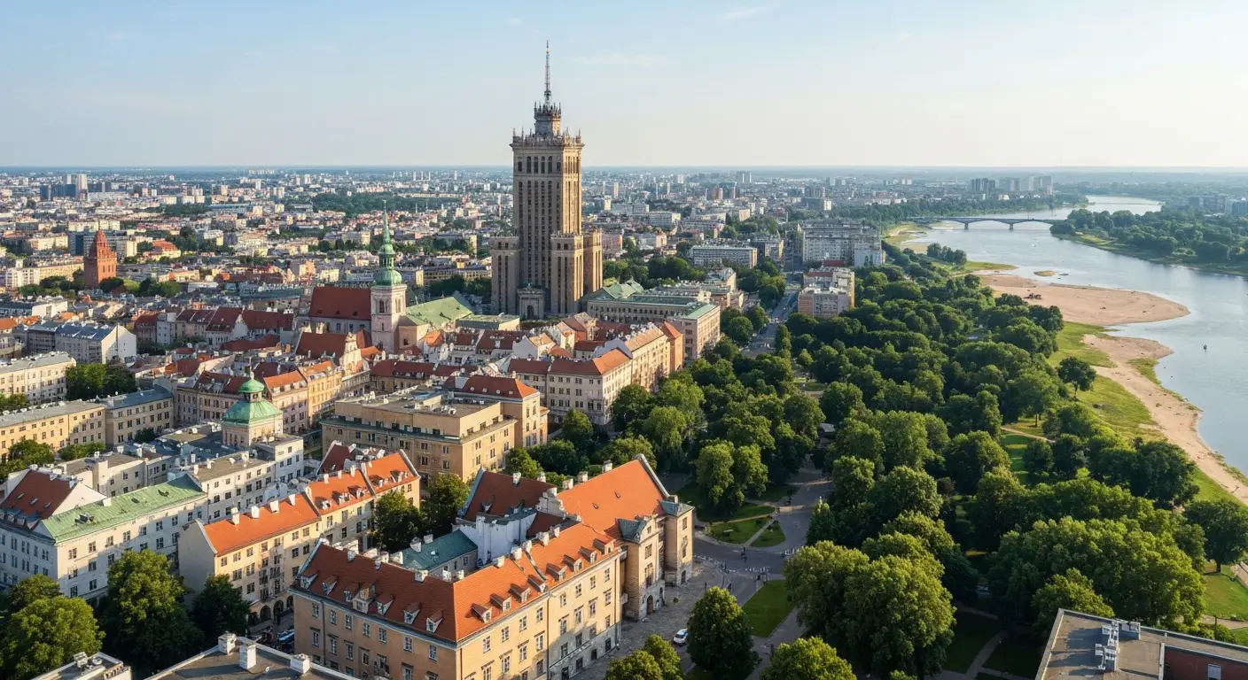 Panorama centralnej Warszawy z lotu ptaka - dachy Starego Miasta, wysoka wieza w centrum, zielony park i zakole Wisly w