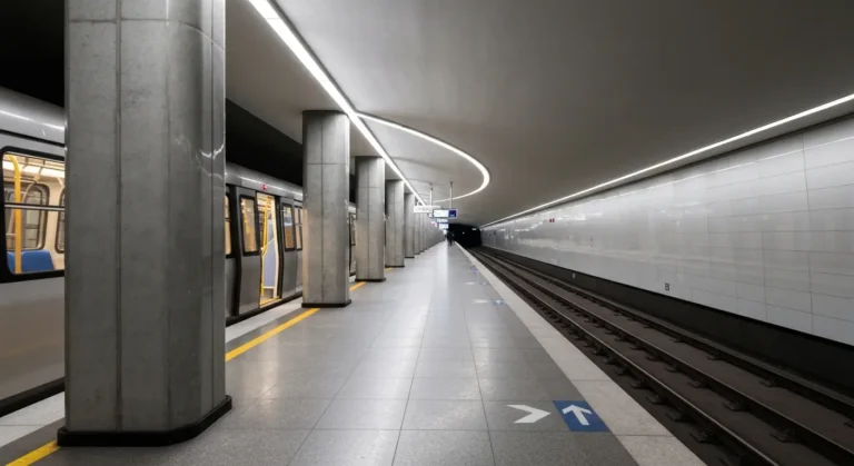 Nowoczesny peron warszawskiego metra linii M1 z zatrzymanym srebrnym pociagiem, betonowe filary i podziemna hala stacji