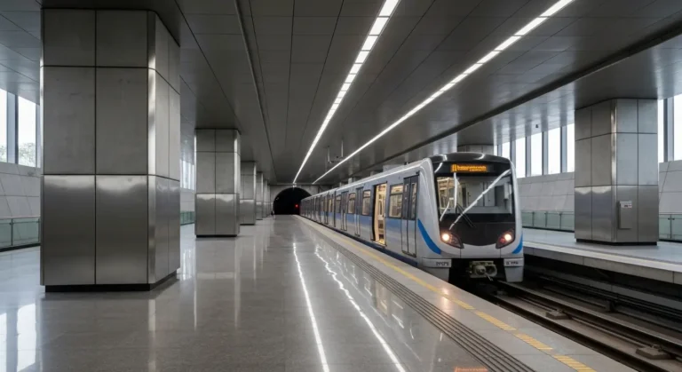 Peron nowoczesnej stacji warszawskiego metra linii M2 z zatrzymanym srebrno-niebieskim pociagiem i betonowymi filarami.