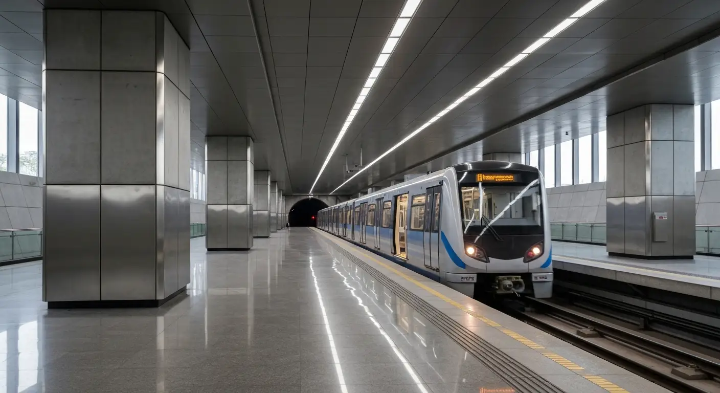 Peron nowoczesnej stacji warszawskiego metra linii M2 z zatrzymanym srebrno-niebieskim pociagiem i betonowymi filarami.