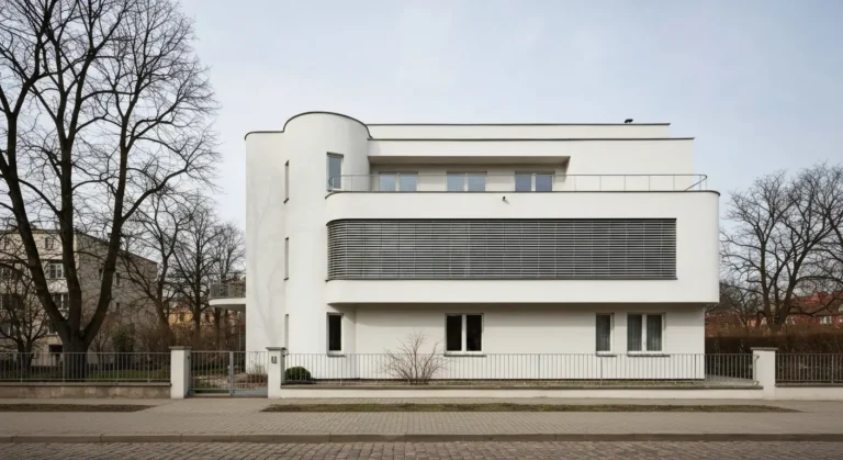 Modernistyczna biala willa z lat 30. na Starym Mokotowie w Warszawie - zaokraglony naroznik, poziome okna, plaski dach i