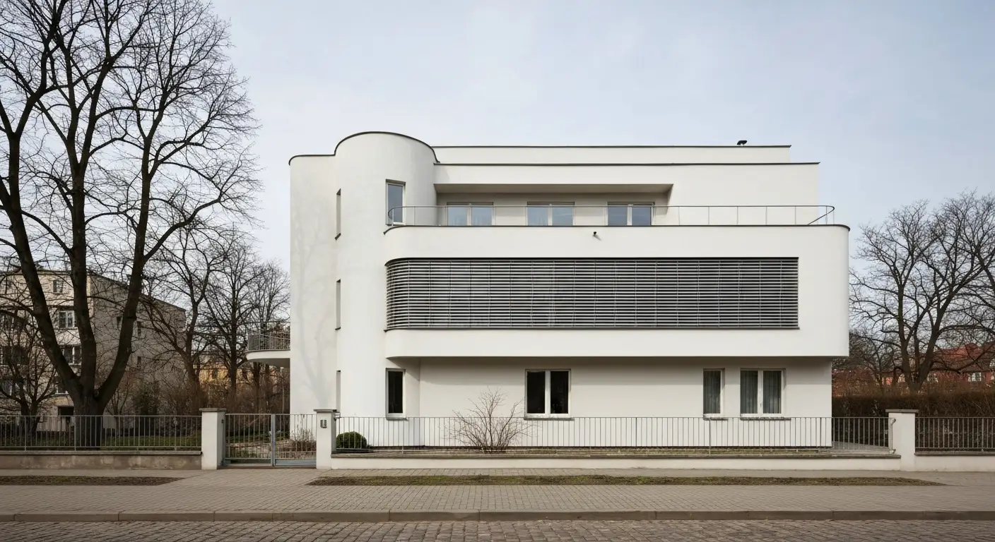 Modernistyczna biala willa z lat 30. na Starym Mokotowie w Warszawie - zaokraglony naroznik, poziome okna, plaski dach i