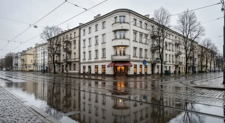 Deszczowa uliczka Starego Mokotowa w Warszawie z modernistycznymi kamienicami, mokrymi torami tramwajowymi i rozswietlon