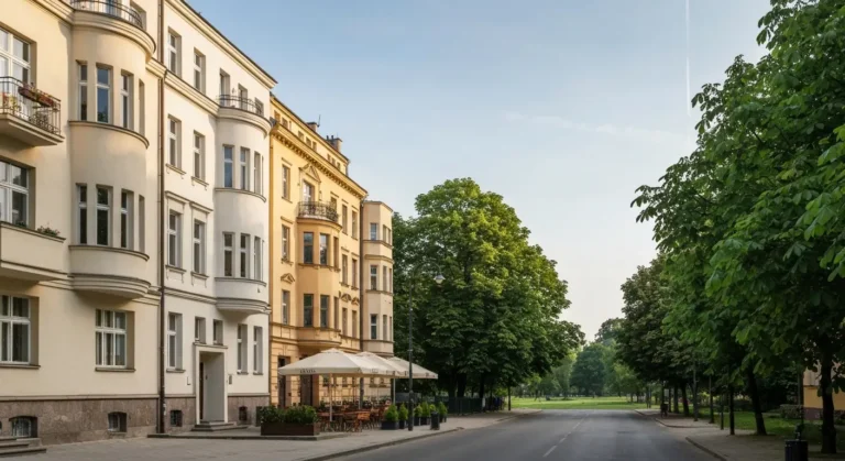 Zabytkowa uliczka Starego Mokotowa w Warszawie z przedwojennymi kamienicami i zielenią prowadząca w stronę Pola Mokotows