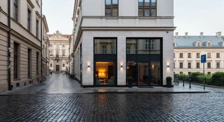 Nowoczesny butikowy hotel przy cichej warszawskiej uliczce w okolicy Tamki i Powisla, z ciepło oswietlonym lobby widoczn