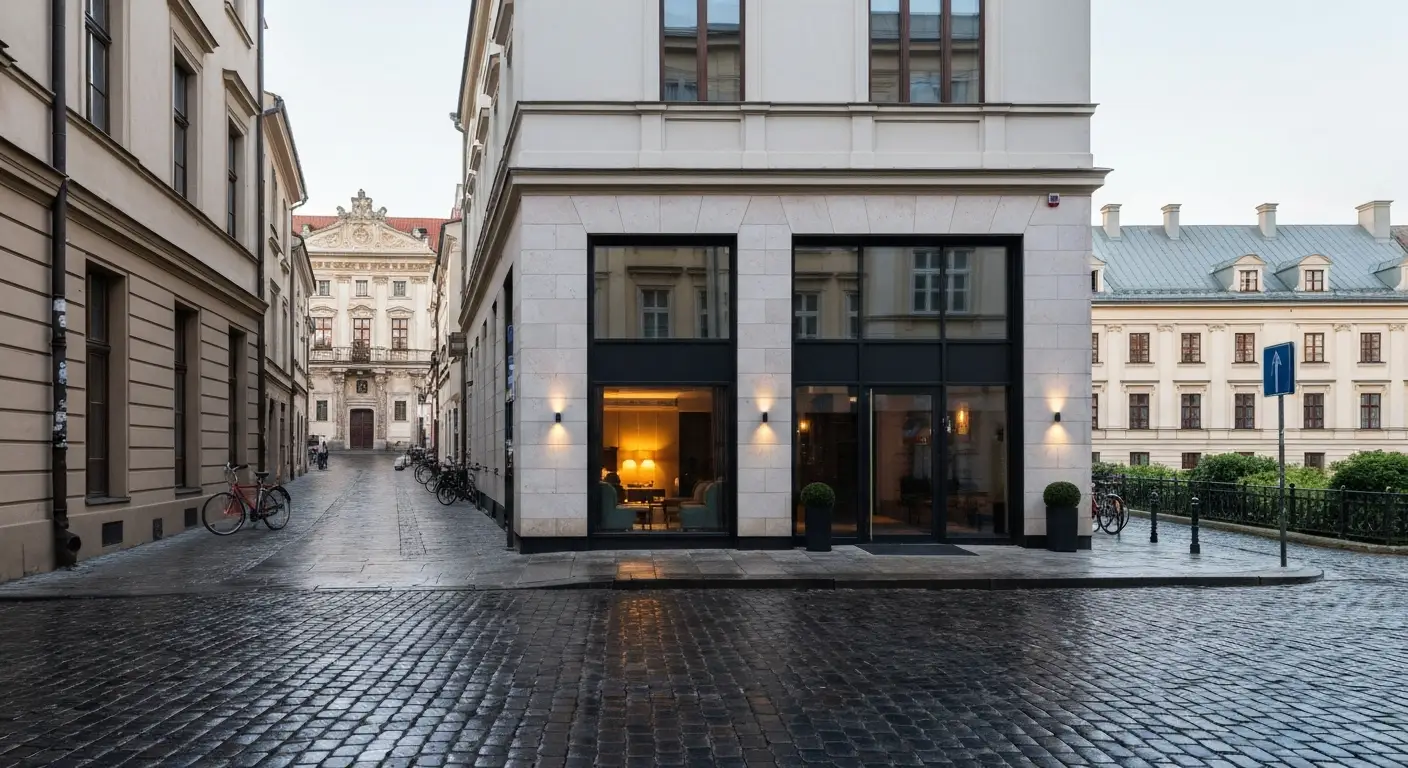 Nowoczesny butikowy hotel przy cichej warszawskiej uliczce w okolicy Tamki i Powisla, z ciepło oswietlonym lobby widoczn