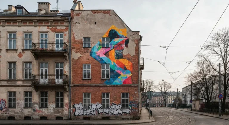 Kolorowy mural na szczytowej scianie starej ceglanej kamienicy na Pradze-Polnoc w Warszawie, brukowana uliczka i tory tr