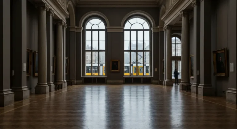 Wnetrze warszawskiego muzeum w deszczowy dzien - wysoka galeria z lukowymi oknami zroszonymi deszczem, parkiet i kolumny