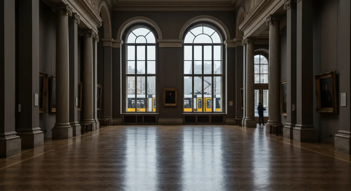 Wnetrze warszawskiego muzeum w deszczowy dzien - wysoka galeria z lukowymi oknami zroszonymi deszczem, parkiet i kolumny