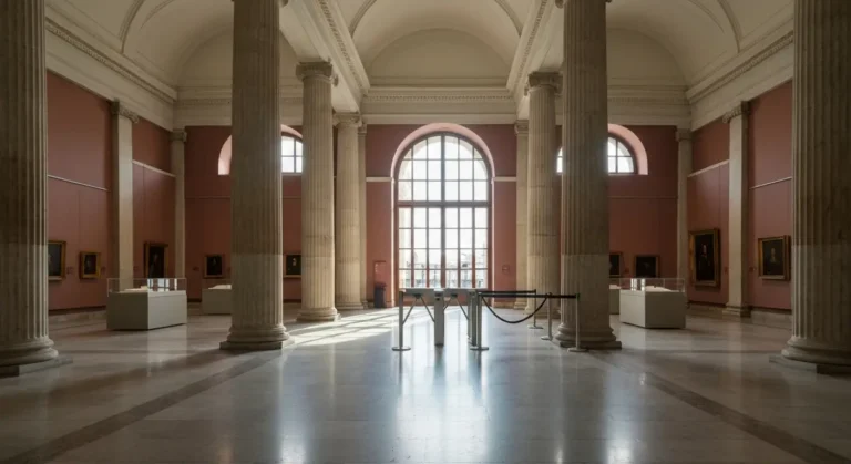 Wnetrze warszawskiego muzeum z kolumnowa galeria, pustymi postumentami i bramka wejsciowa w porannym swietle