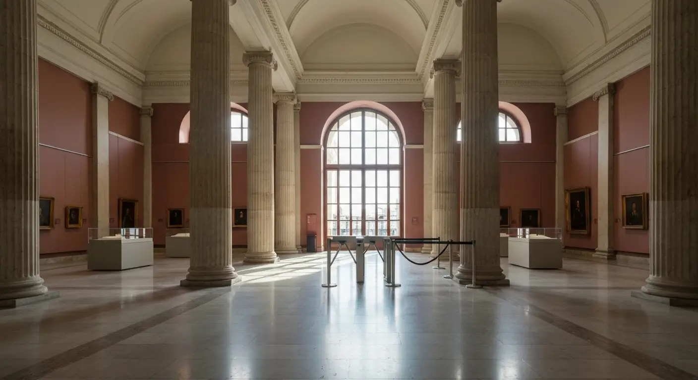 Wnetrze warszawskiego muzeum z kolumnowa galeria, pustymi postumentami i bramka wejsciowa w porannym swietle
