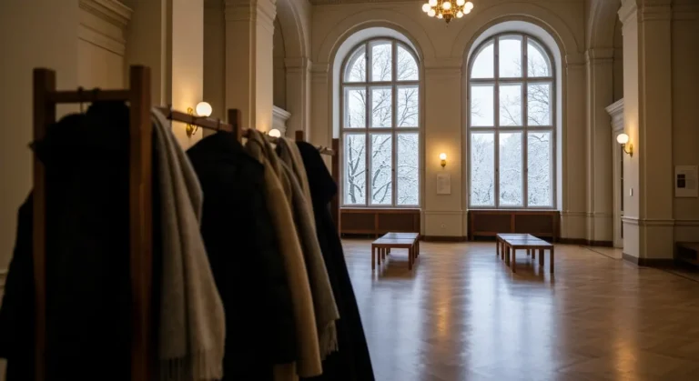 Ogrzewana sala muzealna w Warszawie zimą z parkietem, wysokimi oknami i wieszakiem na zimowe okrycia, za oknem ośnieżone