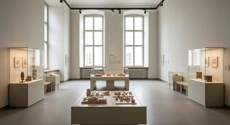 Jasne wnetrze warszawskiego muzeum przyjazne rodzinom - niski interaktywny stol z drewnianymi modelami, gabloty z ekspon