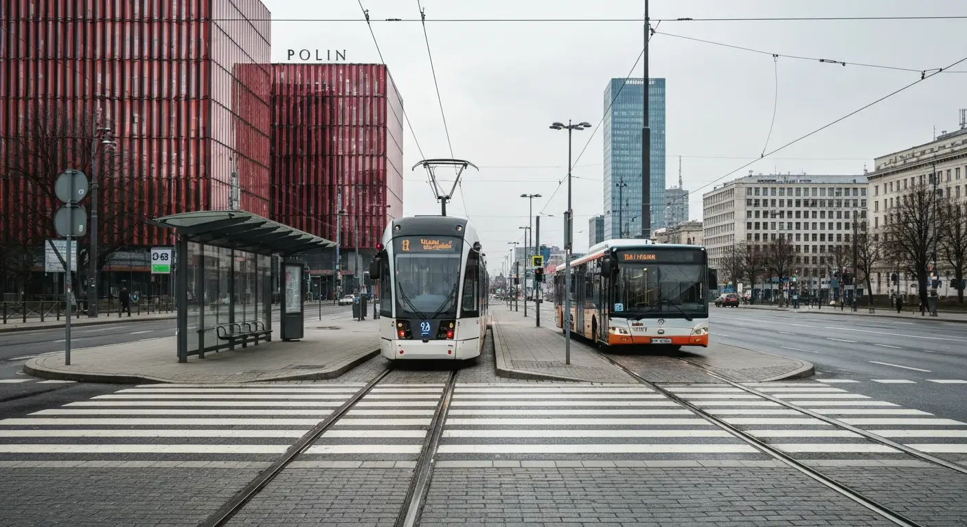 Warszawski tramwaj i autobus miejski przy przystanku na szerokiej alei, w tle rozmyta zabudowa i budynek muzeum, pochmur