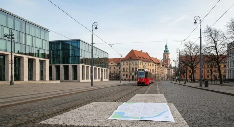 Nowoczesny gmach muzeum w Warszawie obok brukowanych uliczek prowadzacych do dachow Starego Miasta, z czerwonym tramwaje