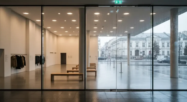 Przestronne wnetrze warszawskiego muzeum w deszczowy dzien, widok przez wysokie szklane okna zroszone kroplami deszczu,
