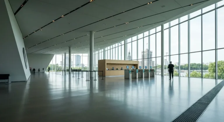 Nowoczesne wnetrze warszawskiego muzeum z szatnia i bramkami wejsciowymi, w tle panorama miasta widoczna przez okna.