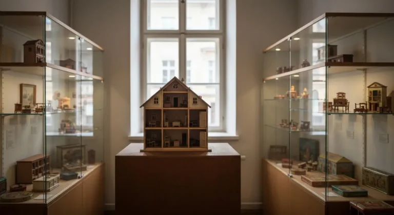 Wnetrze kameralnego muzeum w Warszawie z zabytkowymi domkami dla lalek i miniaturowymi zabawkami w oswietlonych gablotac