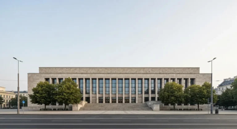 Monumentalna modernistyczna fasada dużego muzeum sztuki w centrum Warszawy z szerokimi schodami wejściowymi i drzewami w