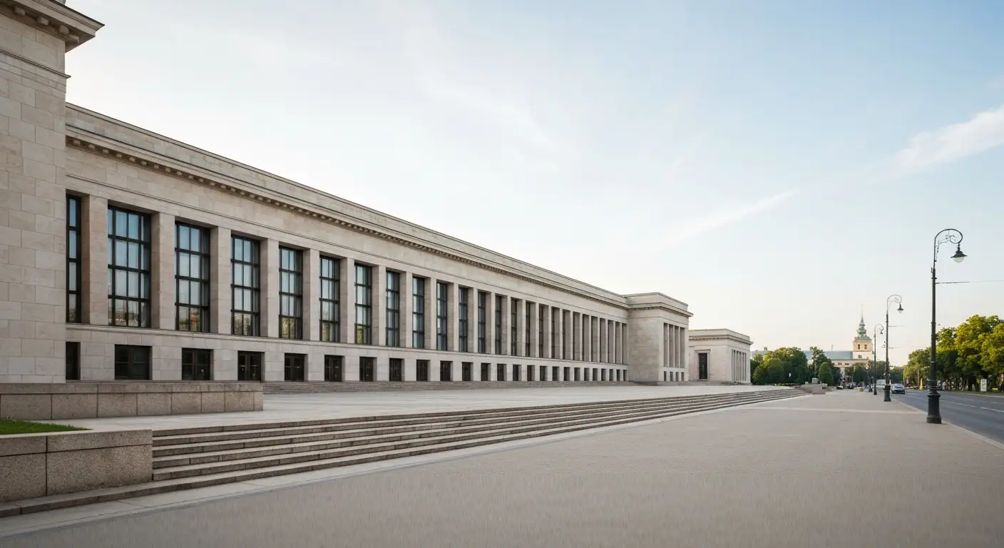Neoklasycystyczna fasada dużego muzeum narodowego w centrum Warszawy przy szerokiej alei, w świetle dnia