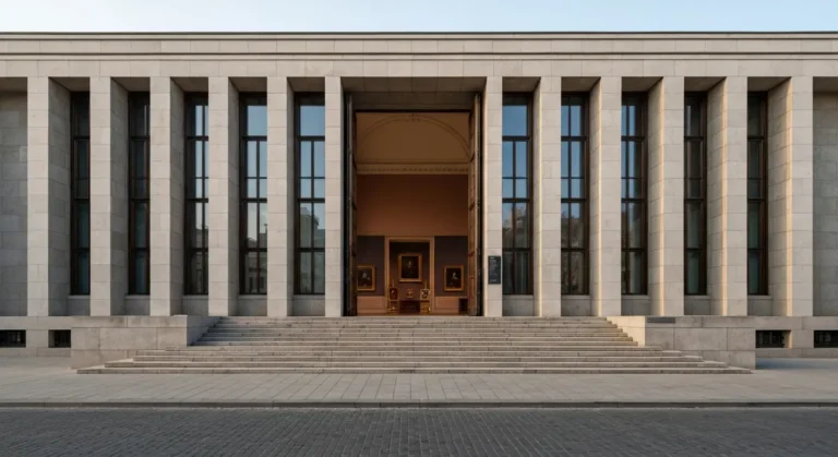 Modernistyczna fasada i schody Muzeum Narodowego w Warszawie oraz wnetrze galerii z obrazami w porannym swietle