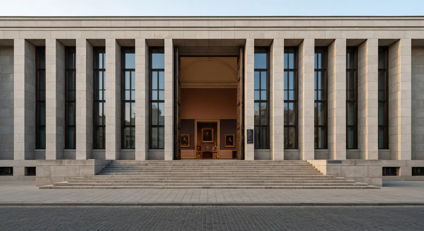 Modernistyczna fasada i schody Muzeum Narodowego w Warszawie oraz wnetrze galerii z obrazami w porannym swietle