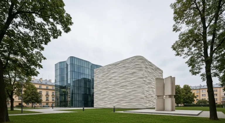 Nowoczesna falista szklana fasada Muzeum POLIN na warszawskim Muranowie w naturalnym swietle dnia, obok pomnik i zielony